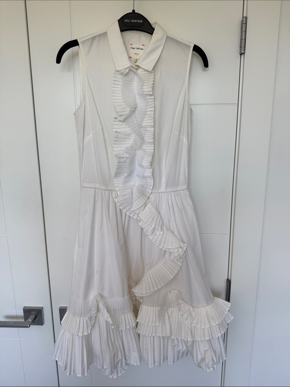Pink Tartan Women's White Sleeveless Ruffle Front Dress
